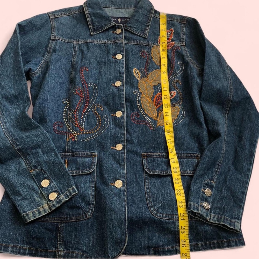 Y2K Embroidered jean denim fitted jacket floral leaf Cottagecore Western Boho - Picture 3 of 5